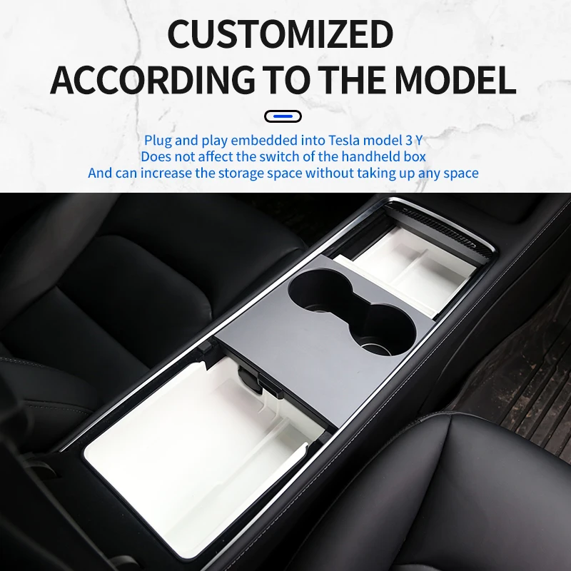 VASTZ Center Console Double Organizer Tray Armrest Hidden Cubby Drawer Coin Storage Box Black White Grey for Tesla Model 3/Y