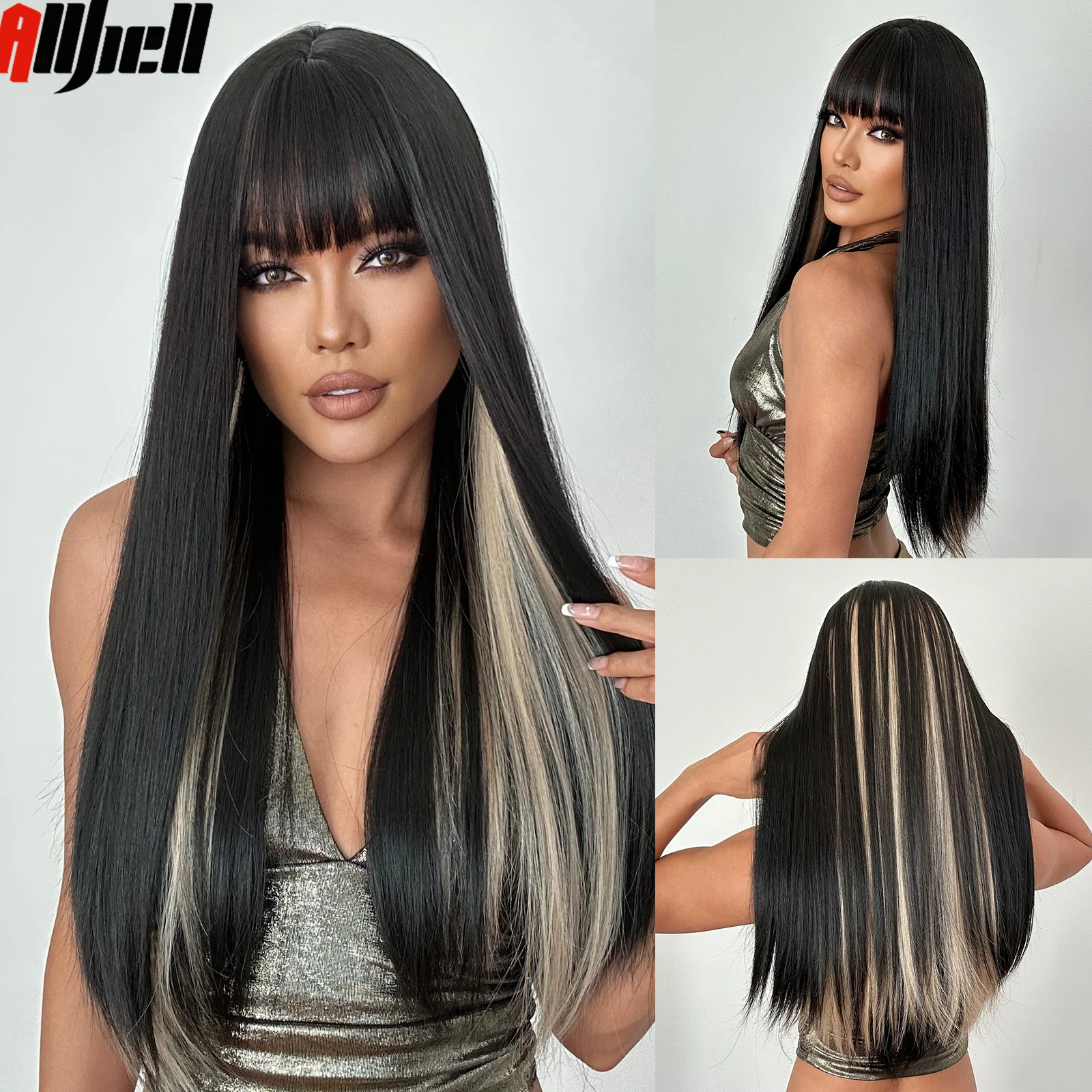 

Long Straight Black Wigs Natural Hair for Women 24inch Highlights Blonde Synthetic Wig with Long Bangs Daily Cosplay Hairs