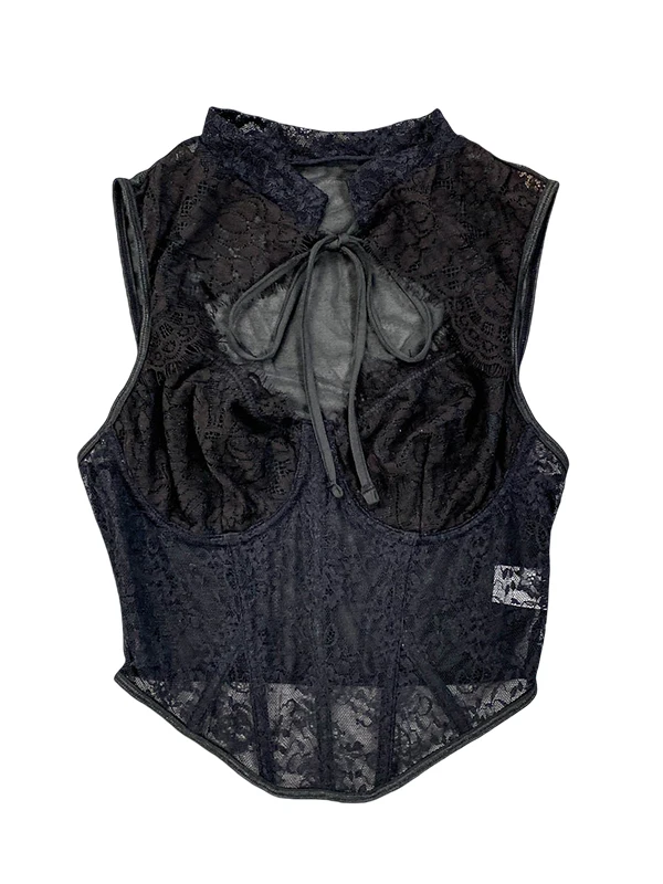 순수한 욕망 섹시 시스루 레이스 홀로우 아웃 스탠드 칼라 민소매 조끼 여성 여름 피쉬본 슬리밍 유혹적인 탑