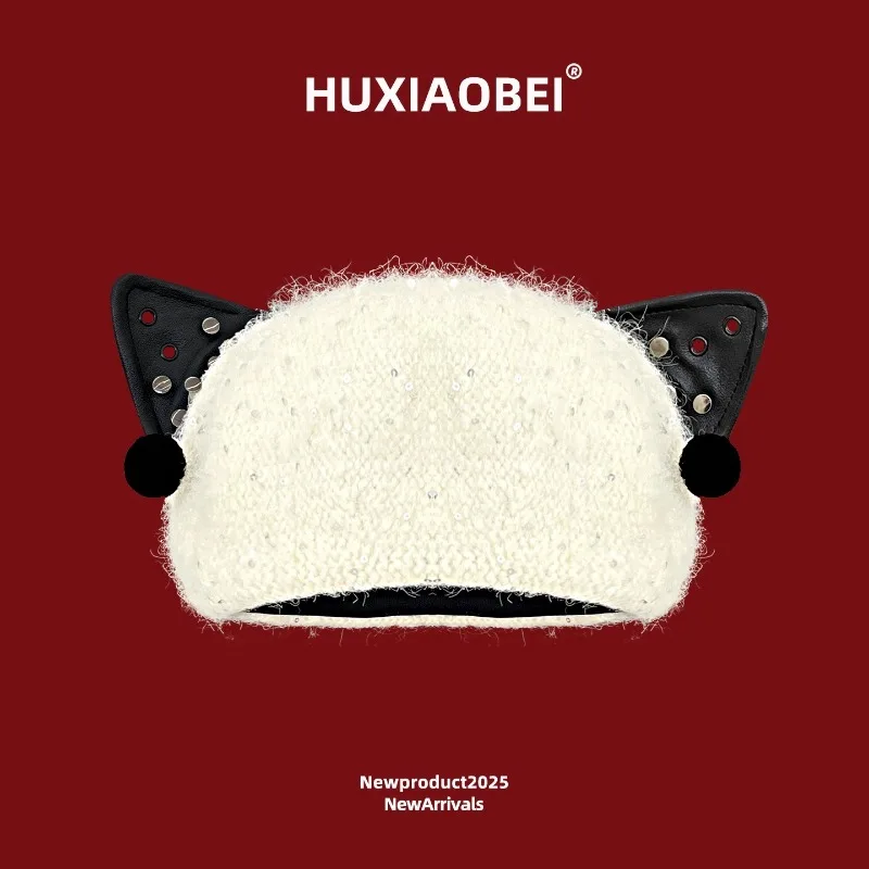

Y2k Sweet Cat Ear Berets for Women Autumn and Winter New Warm Versatile Niche Retro Personalized Woolen Painter's Hats Men