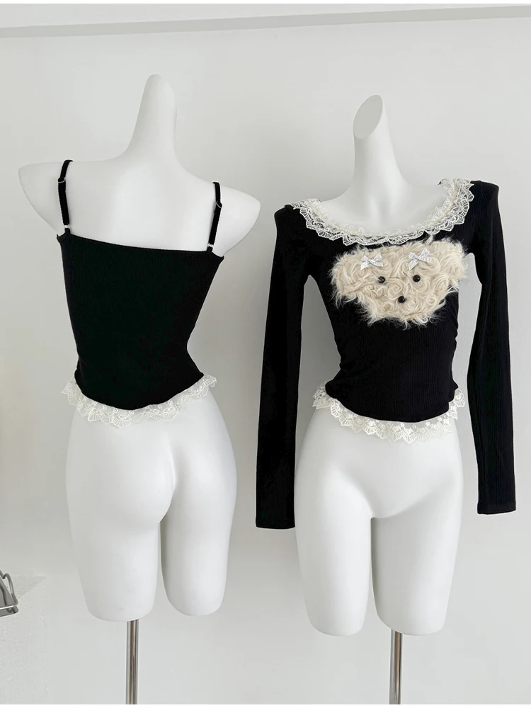 Fall Winter Women Shoujo Girl Lace Cute Core Korean Top Long Sleeve T-Shirts Y2k Streetwear Coquette 2000s Aesthetic Tees Kawaii