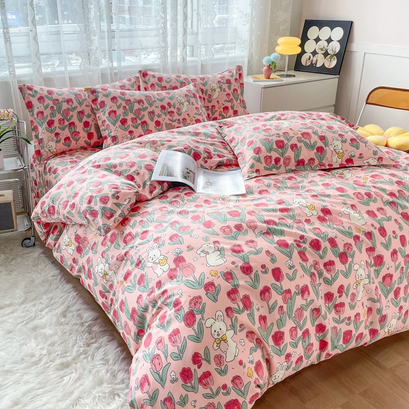 Red Floral Cotton Duvet Cover Set with Zipper Cute Rabbit Bedding Sets for Kids Men & Women Cartoon Reversible Comforter Covers