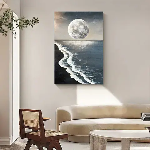 Classic Simple Wall Art Oil Painting Black and White Ocean Waves Moon HD Canvas Printing Poster Home Living Room Decoration