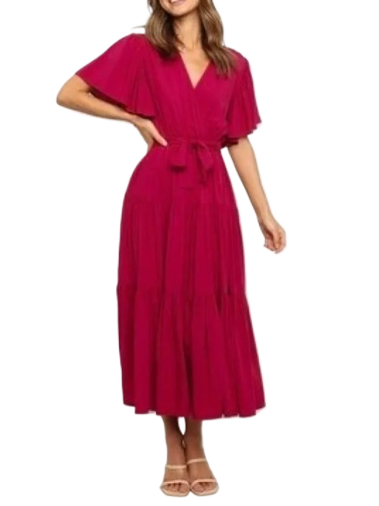 Abiti da festa eleganti con scollo a V con lacci Boho da donna Primavera Estate Nuovo abito longuette francese pieghettato solido maniche corte con orlo grande