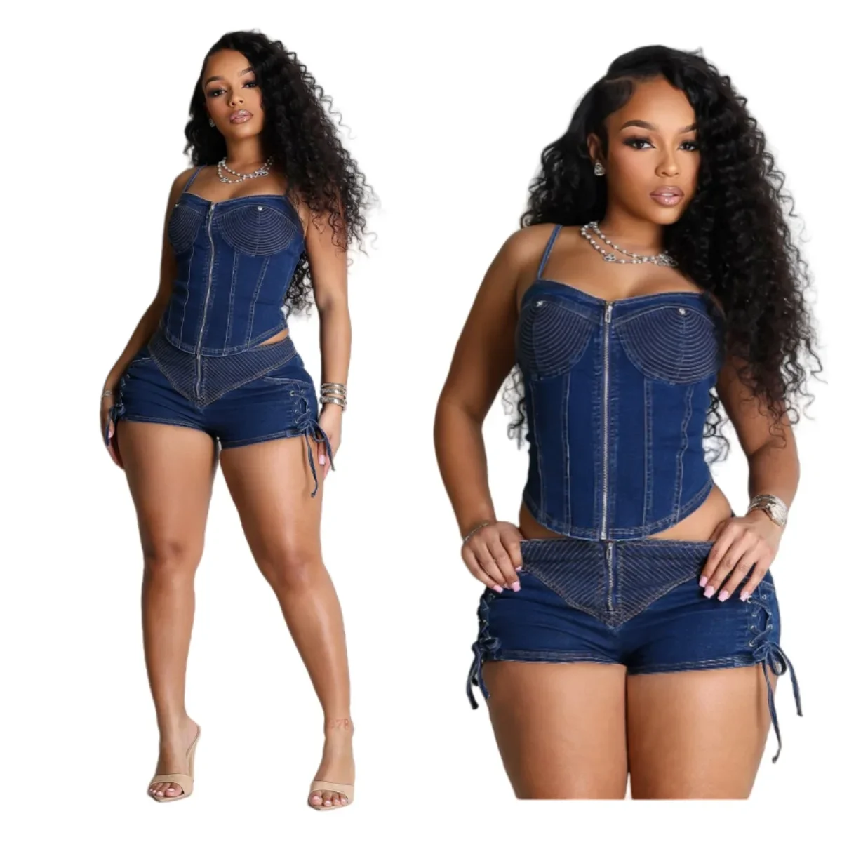 

Women Summer Denim 2 Piece Set Strapless Zipper Lace Up Halter Backless Tank Crop Tops + Shorts Stretch Jeans Suits Streetwear