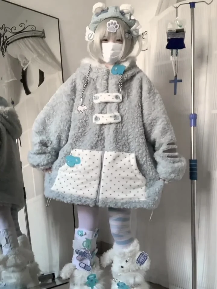 Casaco de pele falsa para mulheres inverno 2025 estudante kawaii y2k engrossado com capuz jaqueta de pelúcia meninas subcultura doce casacos de pele legal