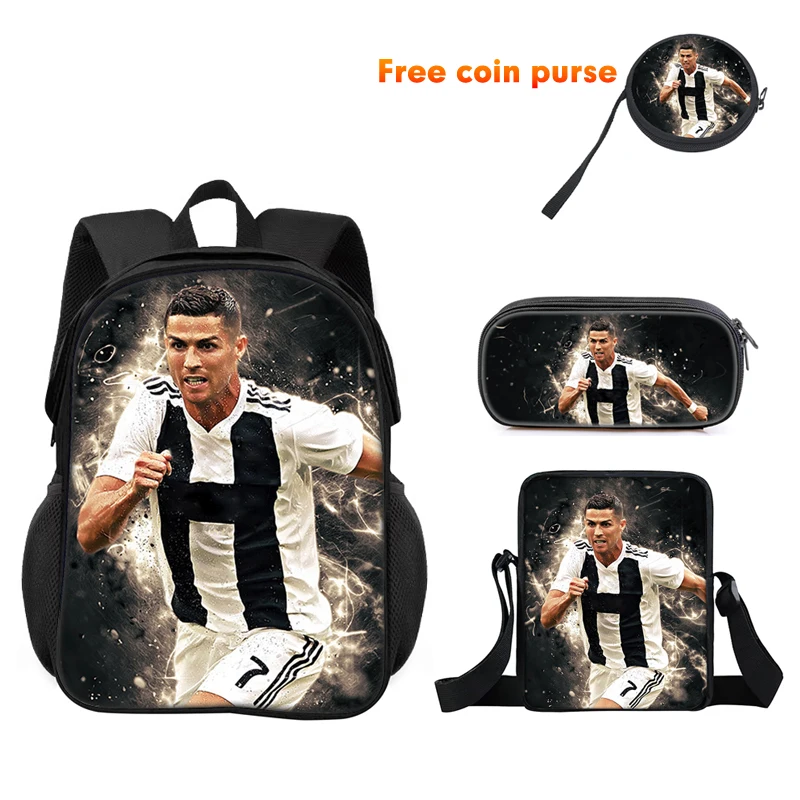 Ronaldo 3Pcs Set School Backpack, Sport Shoulder Bags,Pencil Bags CR Backpack, Football Star Cartoon School Bags for Boys Girls