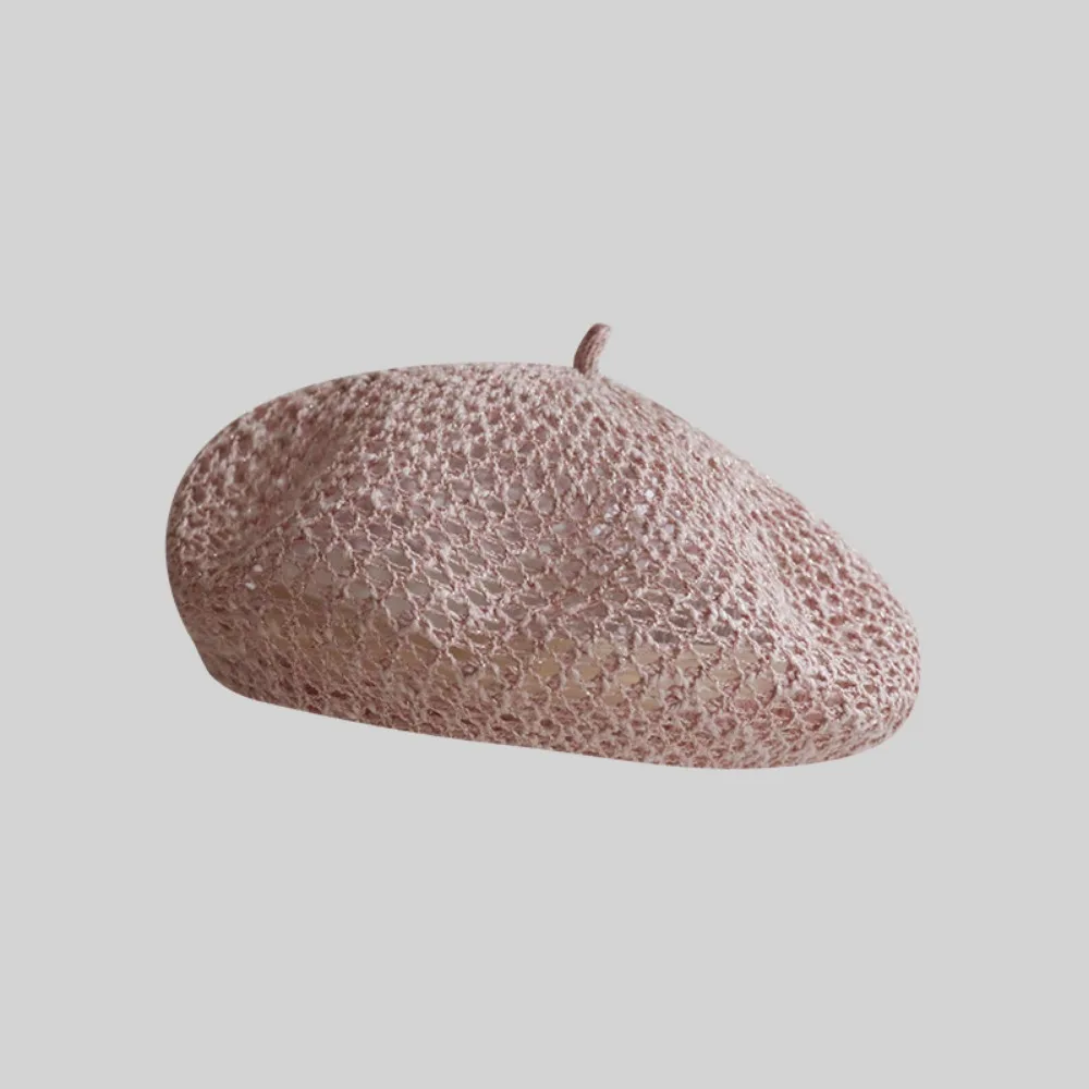 Casual Solid Color Hollow Beret Hollow Knitted Breathable Painter Hat Thin Bright Thread Pumpkin Hat Women