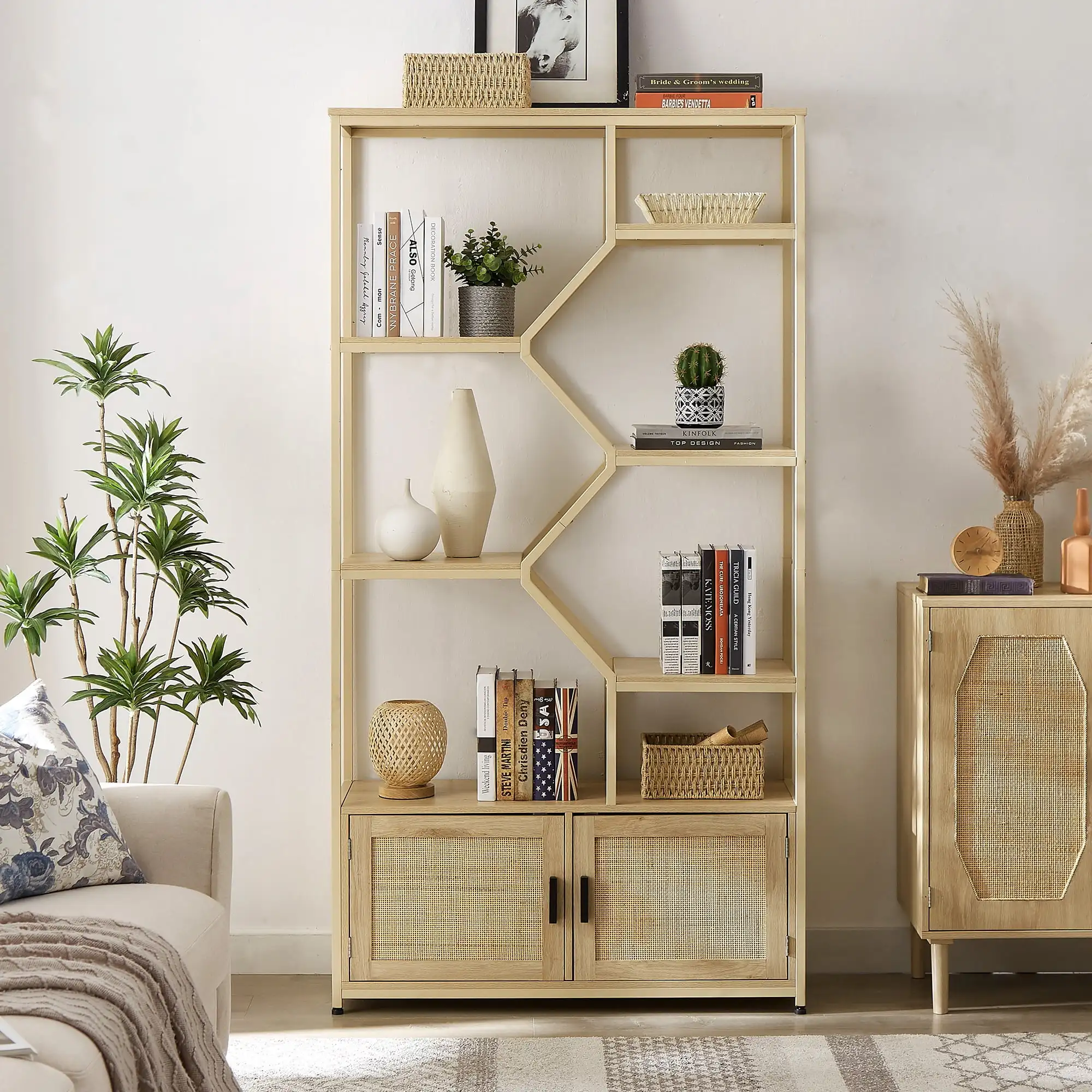 7 tiers Rattan Bookshelf, Display Shelf Bookcases Book shelf Storage Rack with cabinet for Living Room Home Office