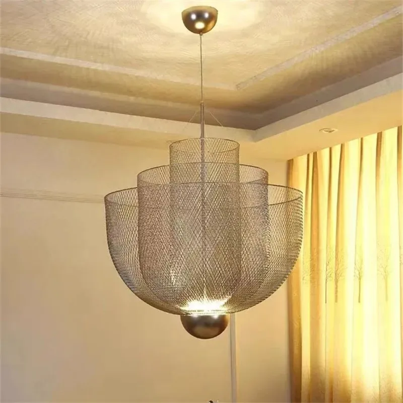 Chandelier LED Birdcage Light Art Deco Cloth Shop Gold Sliver Mesh Hanging Lamp Restaurants Dining Table Lighting
