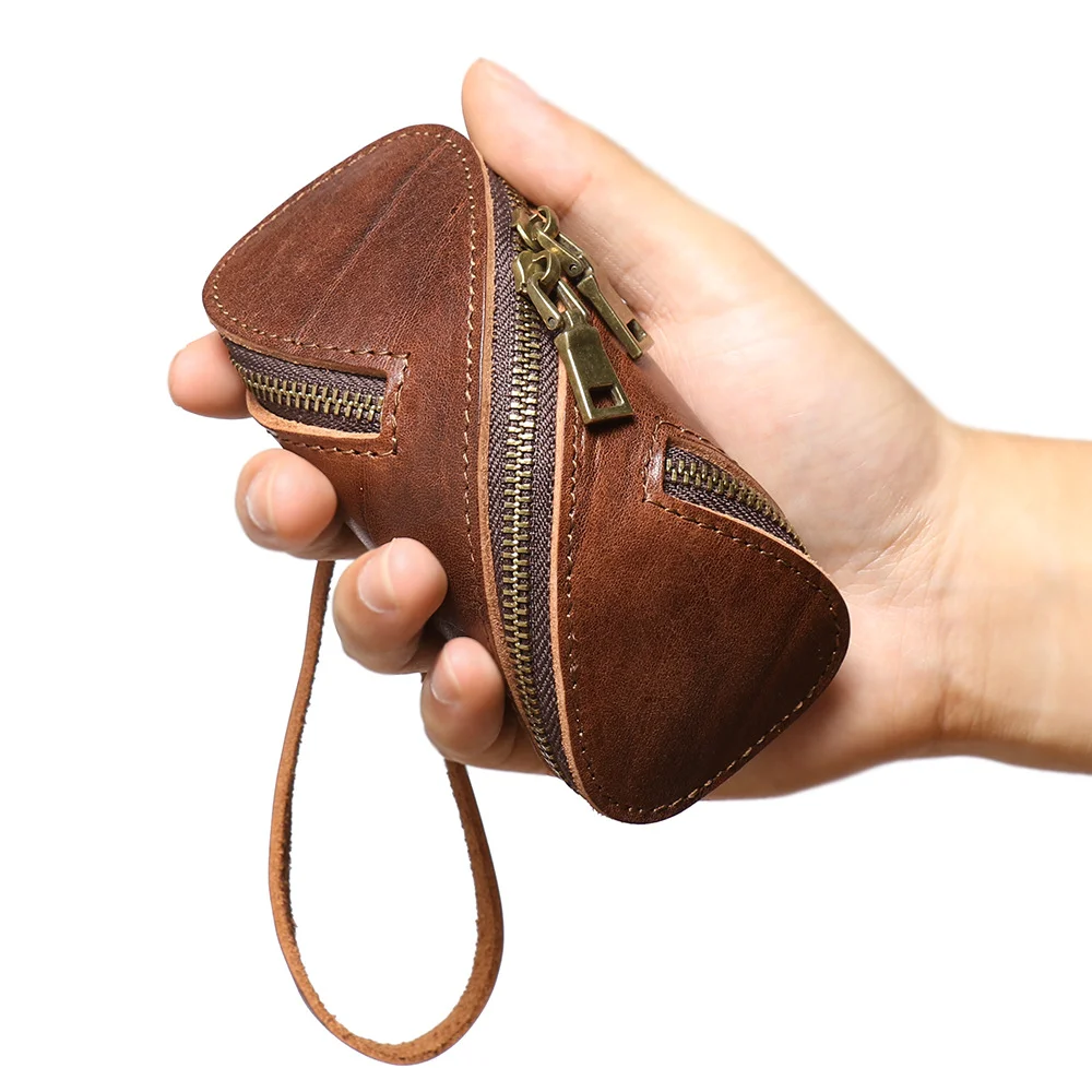 LUOKIR Creative Vintage Genuine Leather Key Pouch Pure Cowhide Handheld Mini Bag Zipper Car Key Coin Purse