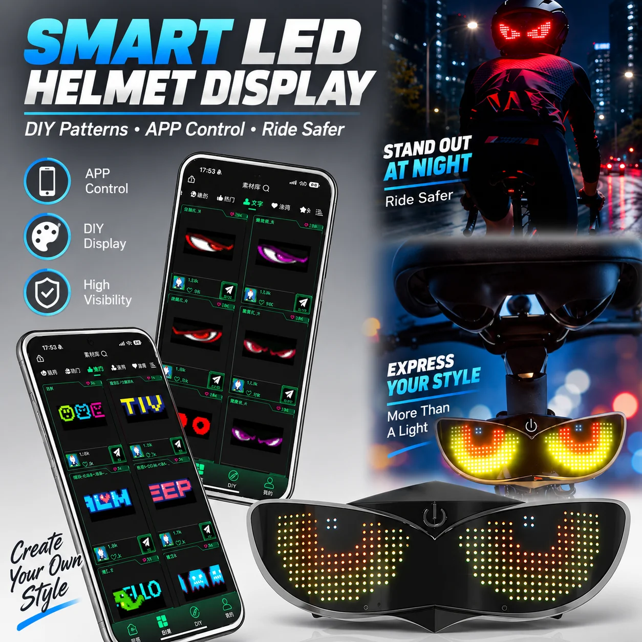 Motorcycle Helmet Tail Light LED Display Smart Waterproof Safety Signal Warning Rear Lamp RGB Light Bicycle Moto Accessories