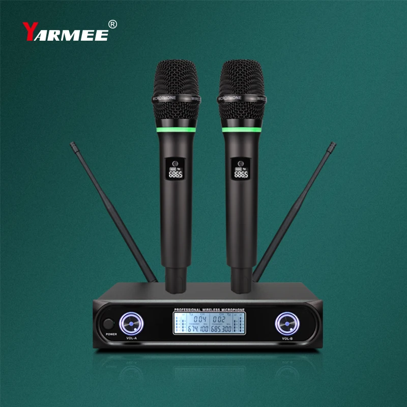 YARMEE Wireless Microphone system Dual Channel UHF Fixed Frequency Cordless Handheld Dynamic Mic For Karaoke Party Church