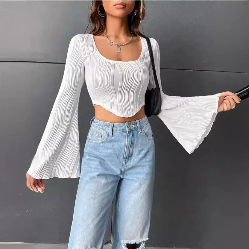 Pullover Long Sleeve Top Slim Fit Urban with Cropped Short Sleeve T Shirts Individual Street Seam Construction U Neck Women Top