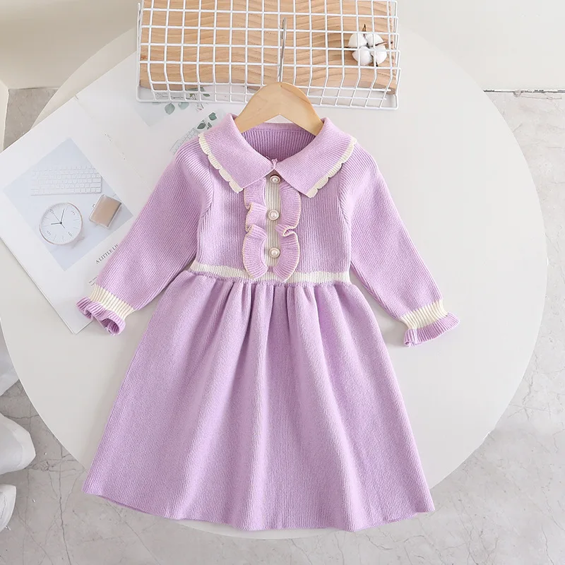 MILANCEL 4-8Y Kids Dresses A Line Knit  Dress for Girls  Turn Down Collar Girls Clothes