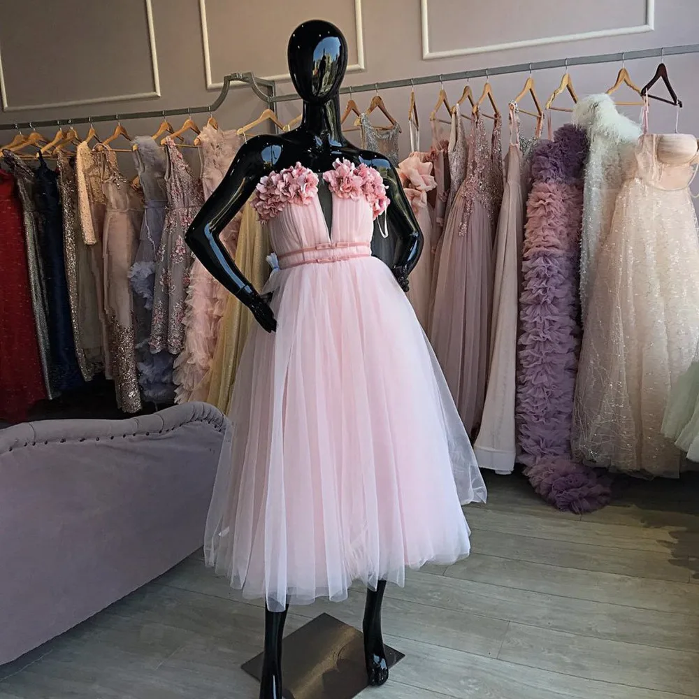 

BridalAffair Chic Blush Pink Prom Dresses Applique Lush Evening Dress Off Shoulder Sleeveless Handmade Formal Gowns