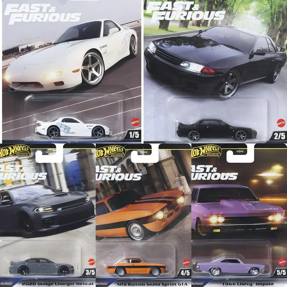 

Hot Wheels Fast and Furious HNW46-9C6K Mazda/Nissan/Dodge/Alfa Romeo/Chevy 1/64 Die-cast Model