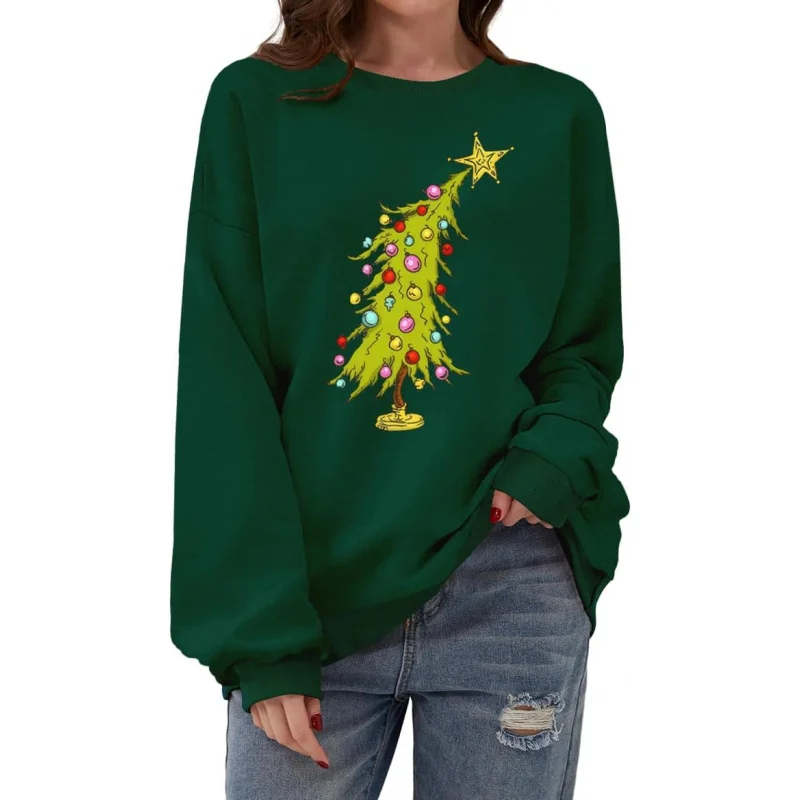 Women's Christmas Sports Shirt Long Sleeved Dark Green Patterned Printed Shirt Funny And Cute Round Neck Pullover