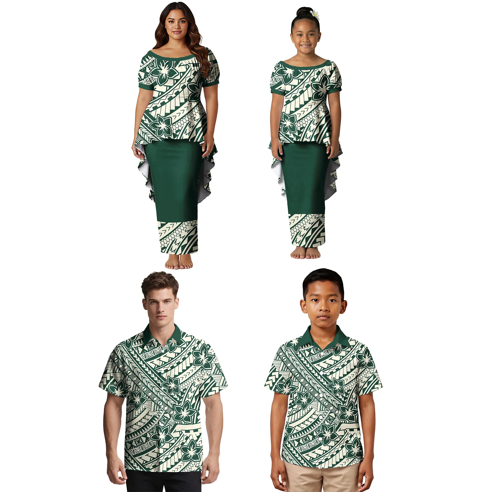 Clothing Custom Hawaiian Matching Family Outfits Samoan Swallow-tail Hem Puletasi Dress Polynesian Turn-down Collar Shirt Family