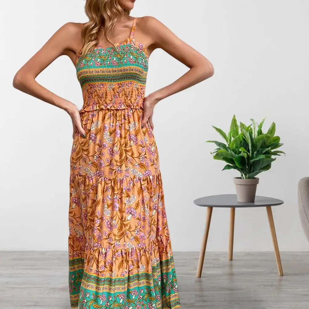 

Summer Sundress Ethnic Style Maxi Dress with Shirring Patchwork Detail Women's Sleeveless Vacation Sundress with High for Women