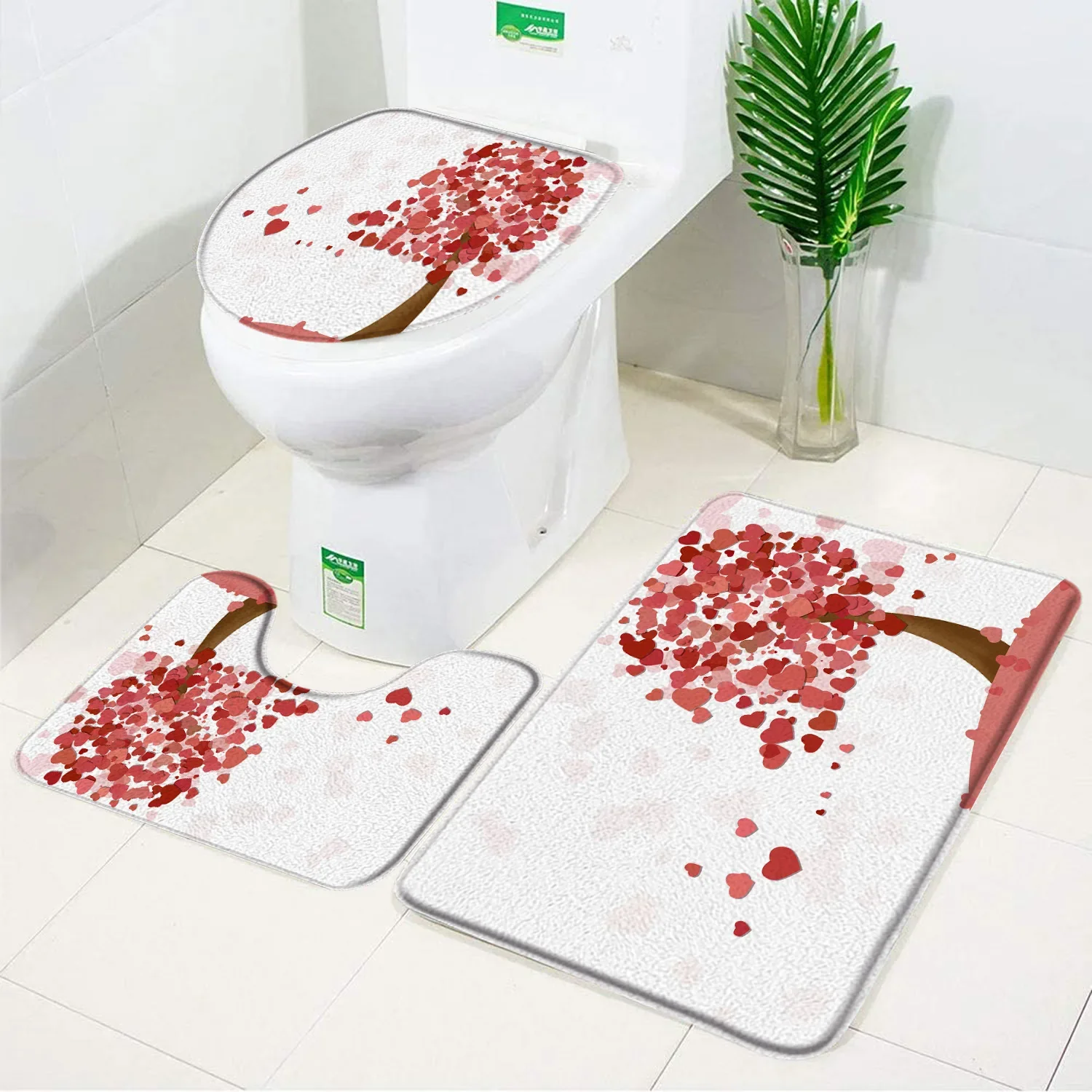 Valentine's Day Theme Bath Mat Set Love Tree Pink Balloons Home Bathroom Decoraction Anti Slip Rugs and Carpet Set Toilet Lid