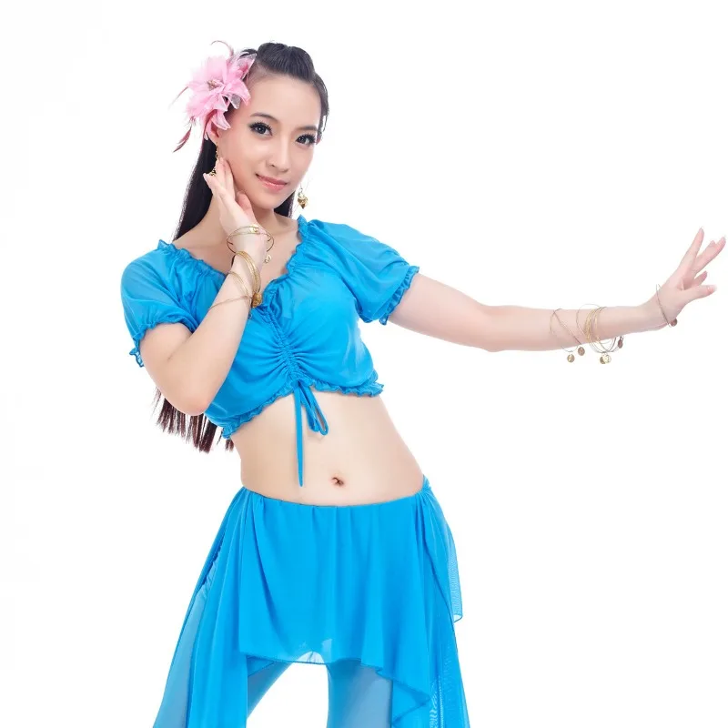 Fil d'eau personnalisé froissé à manches courtes, costumes de danse du ventre, vêtements d'entraînement, fil d'eau importé, hauts d'entraînement