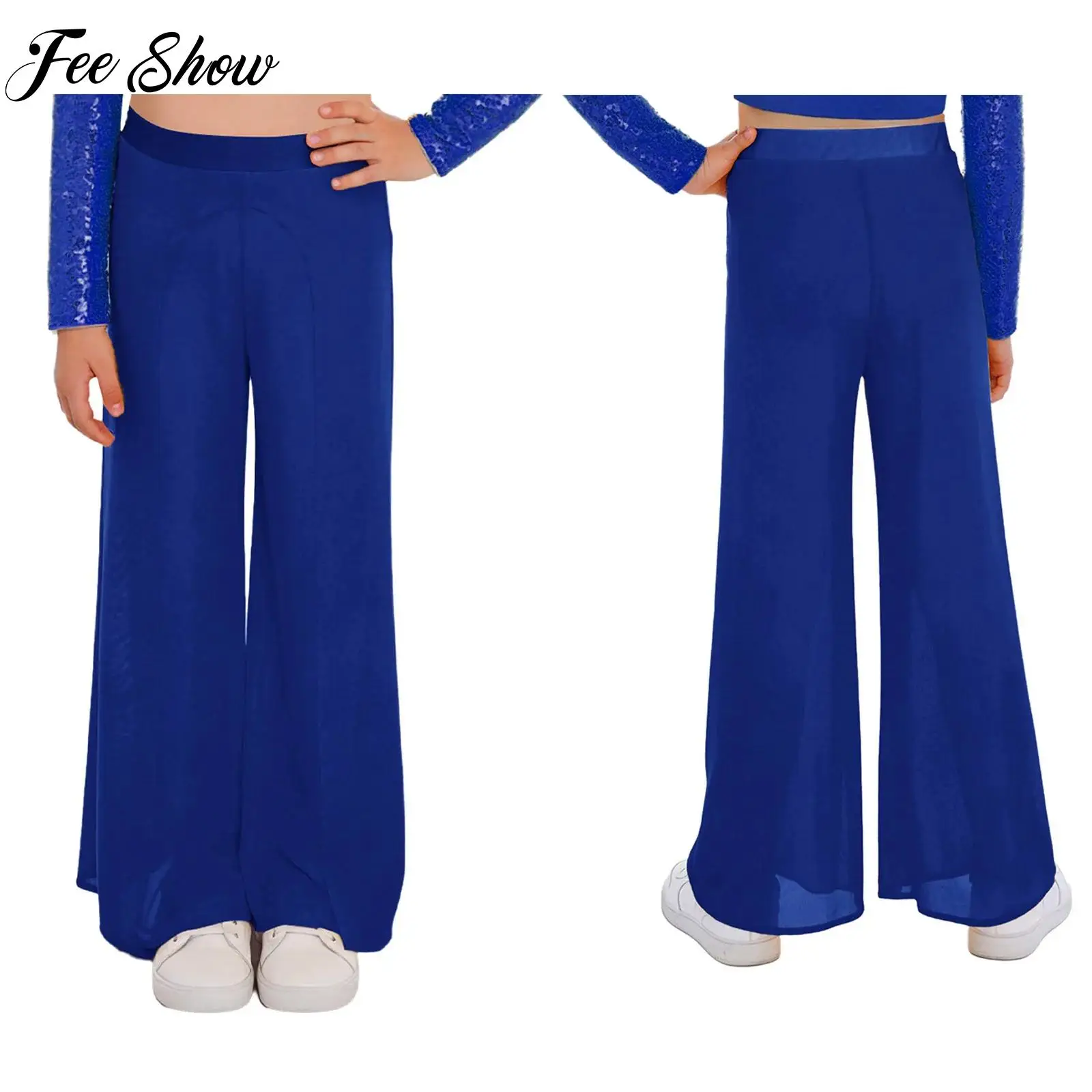 

Kids Girls Wide-Leg Mesh Dance Pants Lyrical Modern Dance Costume Bottoms for Classical Dancing Practice Performance Party Wear