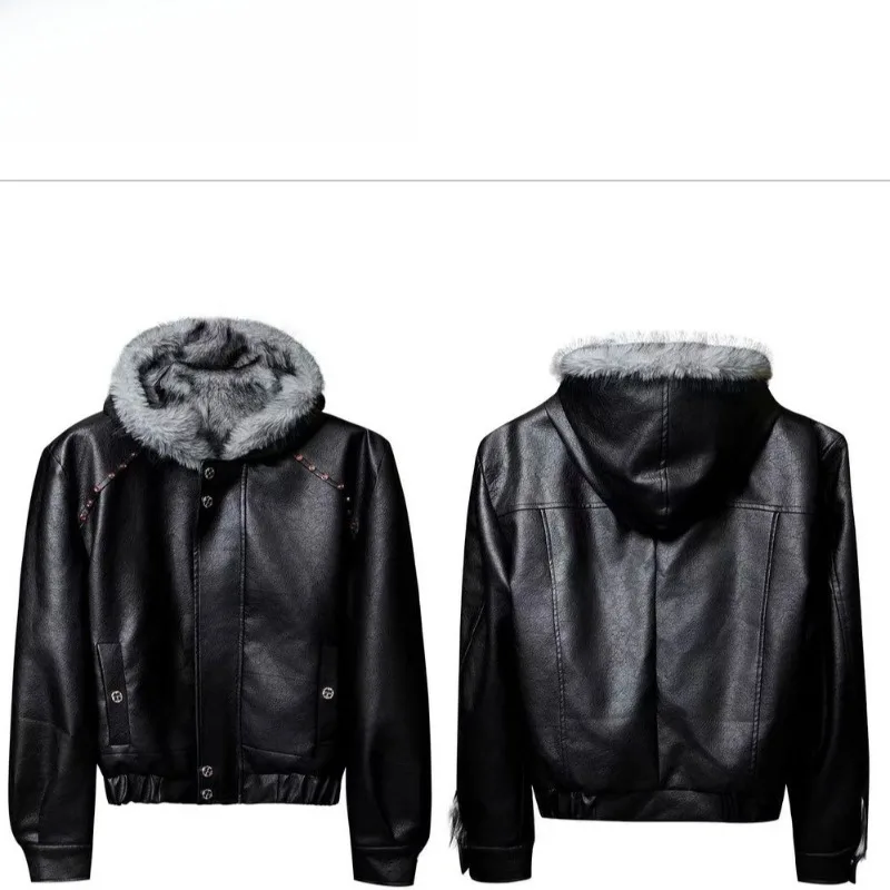 Mens Jacket Harajuku Heavy Bald Eagle Fleece Thickened Faux Leather Hooded Fur Collar Short Wide Cotton Coat Winter Streetwear