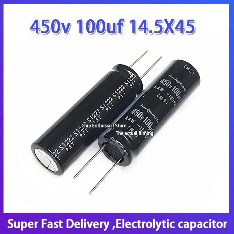 

5PCS Imported aluminum electrolytic capacitor 450v 100uf 14.5X45 ruby QxW for switching power supply filtering