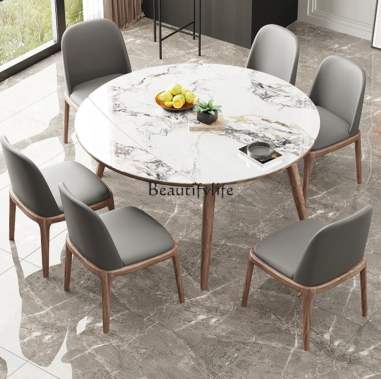 Nordic solid wood rock slab dining table modern simple retractable folding walnut small apartment round table