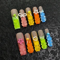 Handmade Press on Nails Cute Candy Bear Bow Love Decor False Nails for Women Wearable Full Cover European Extra Long Fake Nails