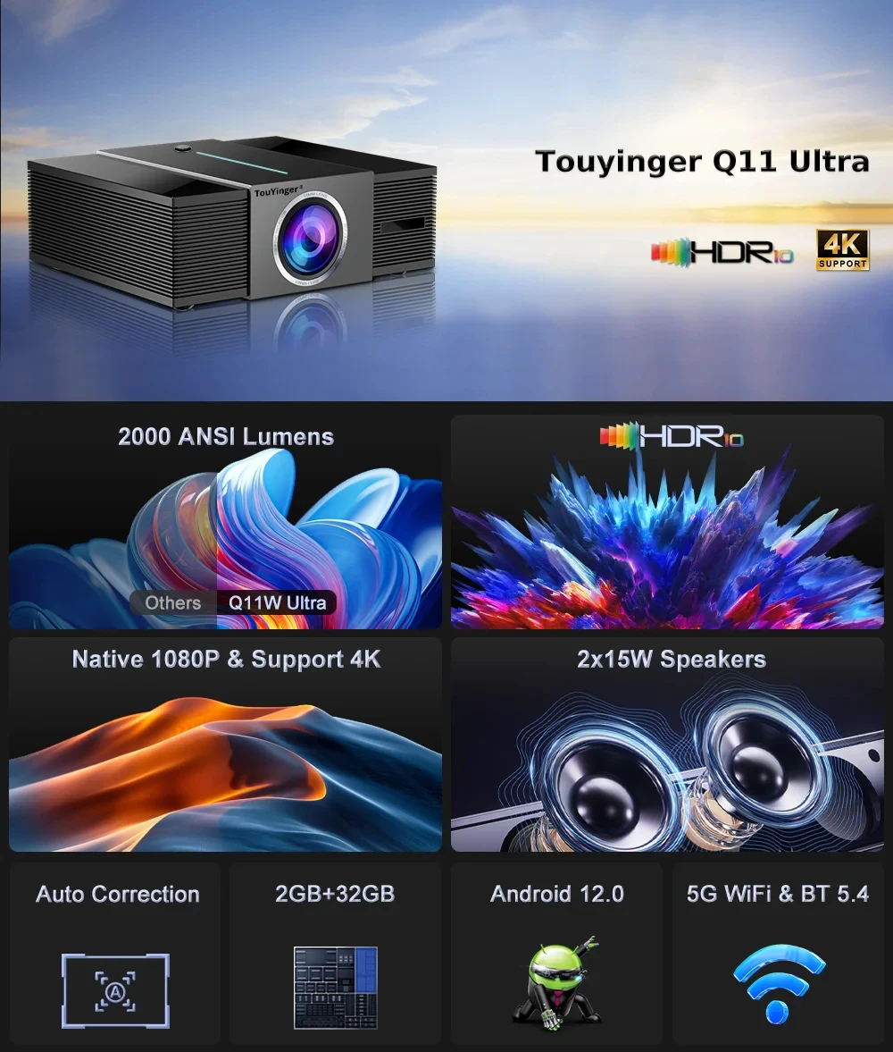 Vollständig geschlossener Projektor mit 4K HDR10, Full HD, 2000 ANSI, HiFi-Sound, Autofokus, automatischer Trapezkorrektur, Android 12.0, für Familientreffen, Unterhaltung, Kinoqualität