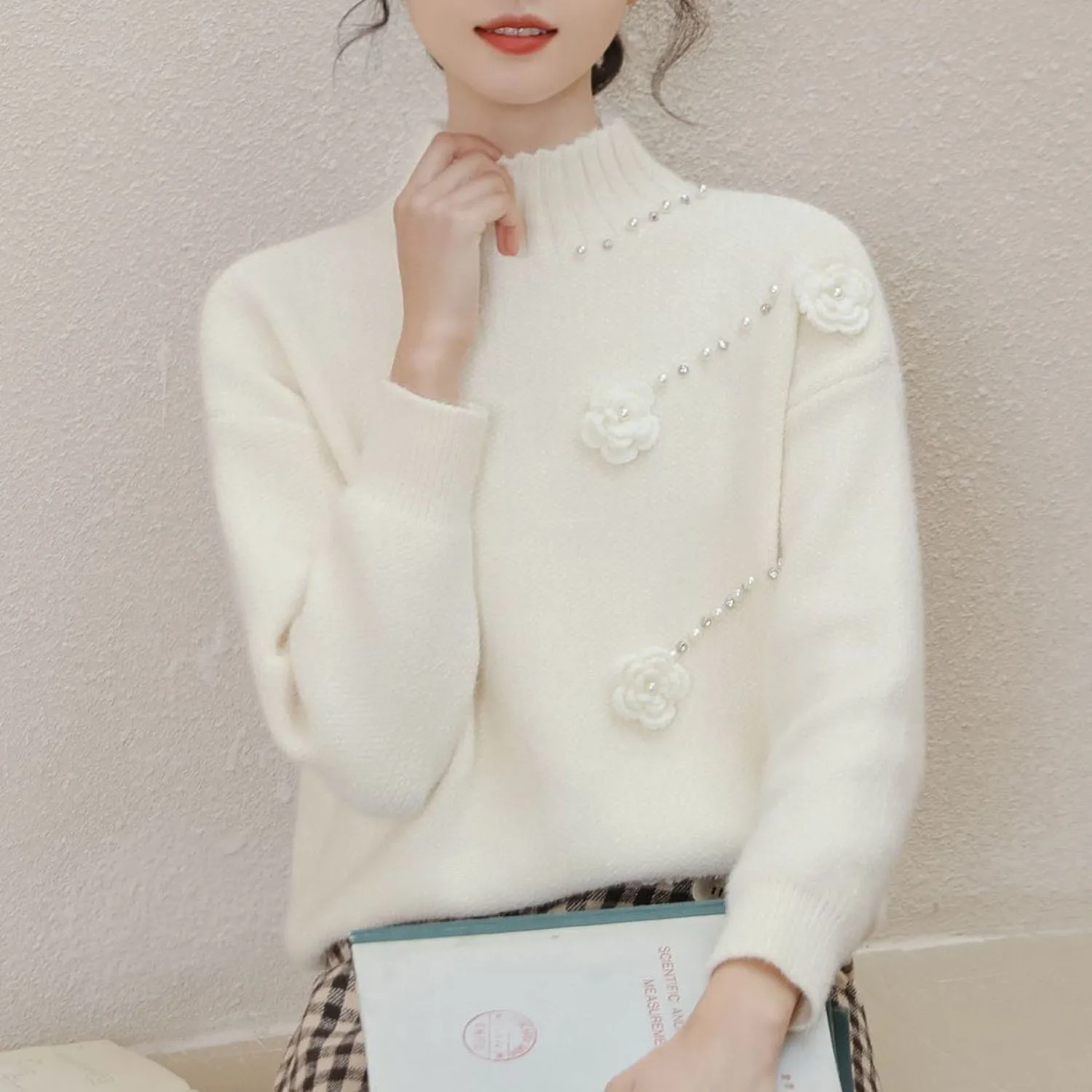 Suéter de lana de visón 3D para mujer, Cuello medio alto, versátil, estilo occidental, diseño de moda, otoño e invierno, nuevo