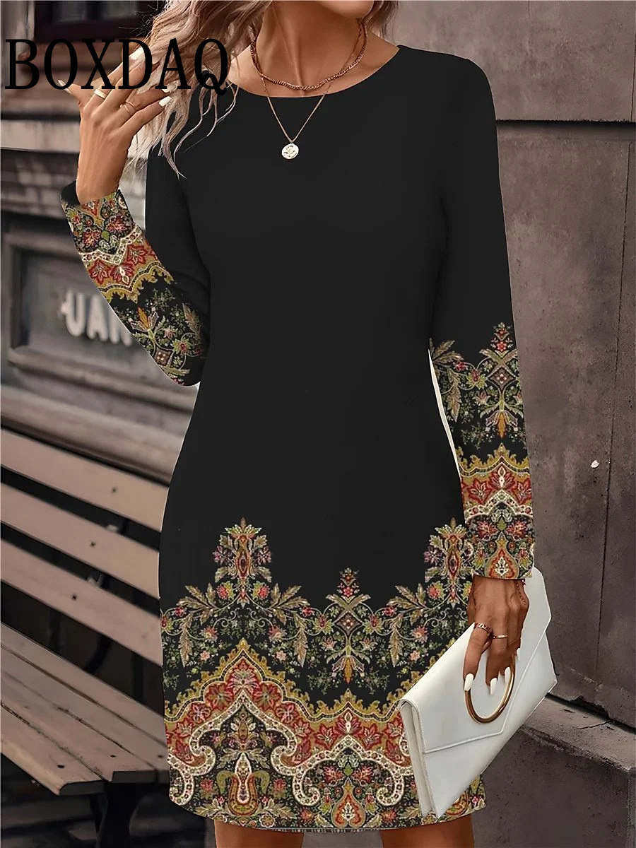 Damska sukienka z długim rękawem z nadrukiem Moda Jesień Zima Kwiatowy Dla Kobiet Sukienki Retro O-Neck Luźne Sukienki Damskie Vestidos