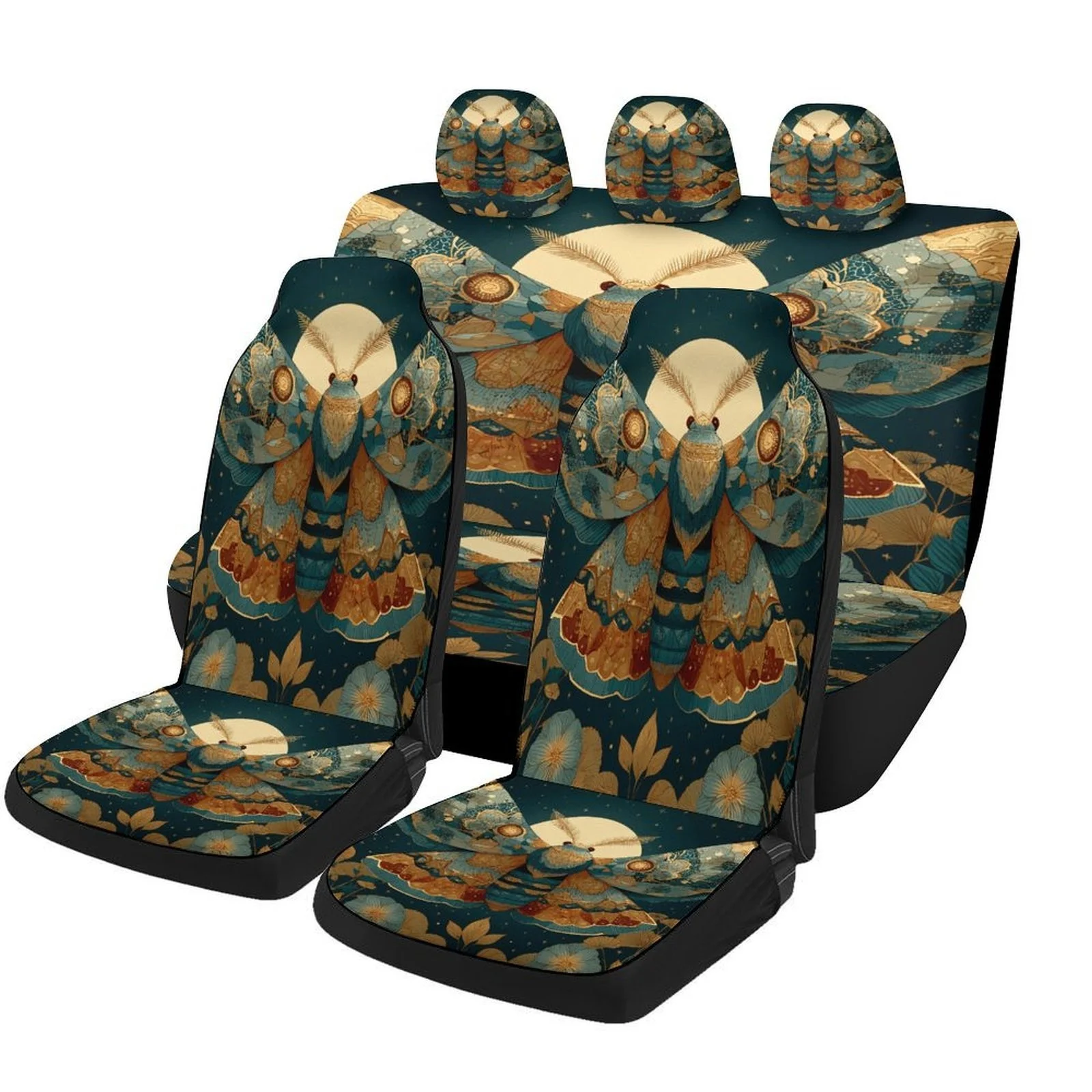 Set Of Car Seat Covers Themed With Moths, Moons, And Flowers, Suitable For Various Vehicles. Stylish And Unique, This Complete S