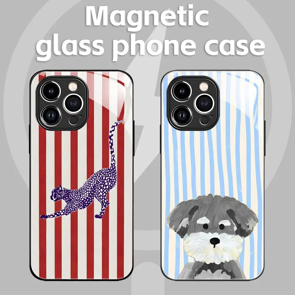 Funda de teléfono para iPhone17 16 15 14 13 12 11 X XR XS 8 Plus Mini Pro Max funda magnética de cristal fondo a rayas animal, leopardo