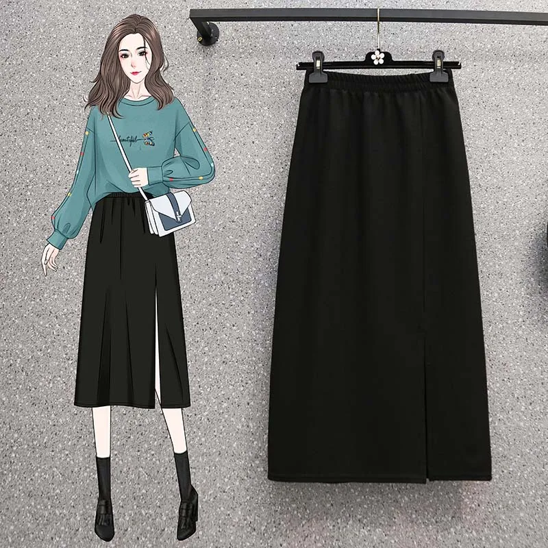 

Autumn Split Elastic High Waist Loose Office Ladies Solid Color A-Line Literary All-match Elegance Casual Trendy Basics Skirts