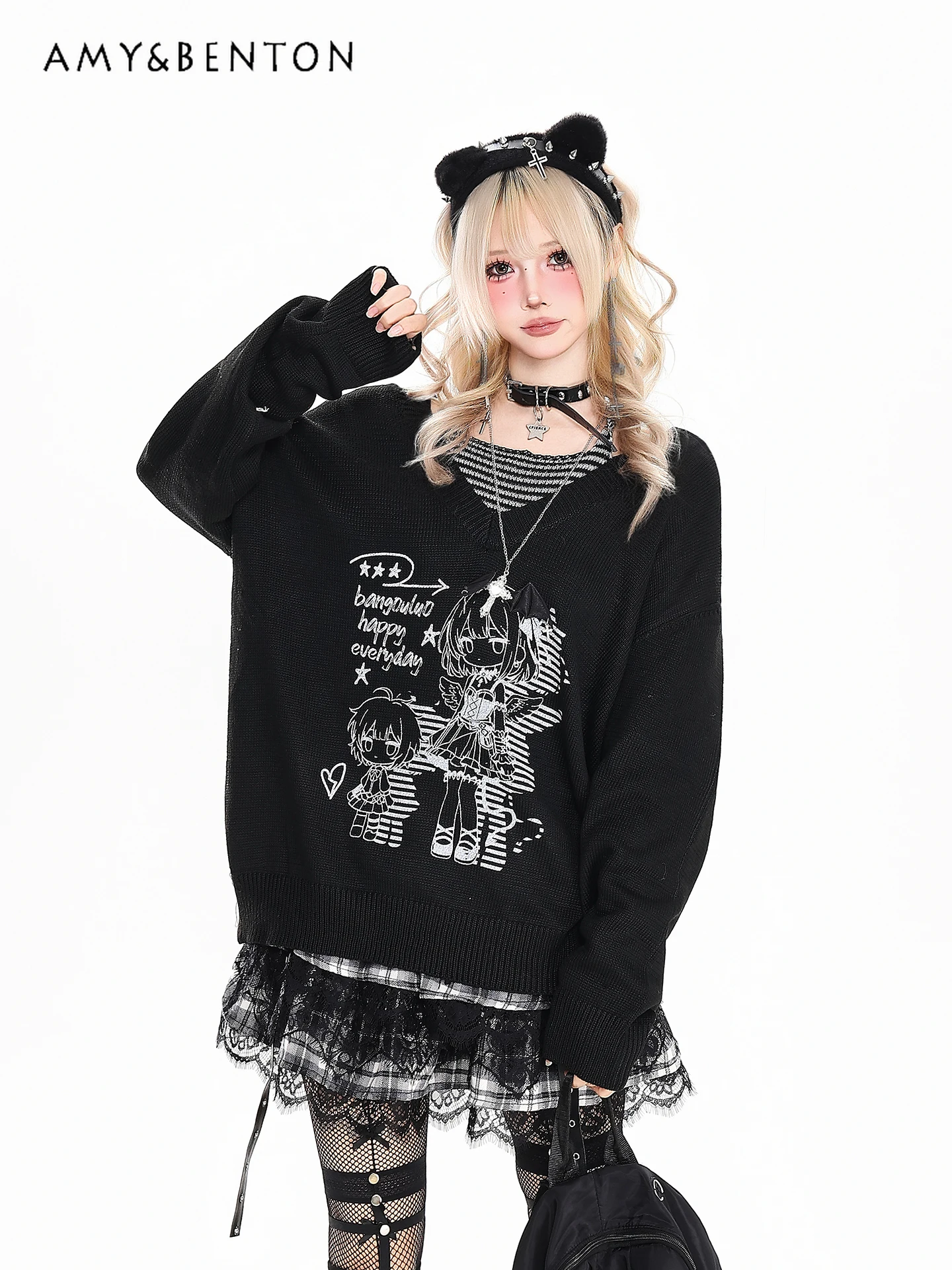 

Весенне-осенний женский вязаный пуловер с принтом в японском субкультурном стиле, с открытыми плечами, на бретельках, свободный, повседневный, серый/черный