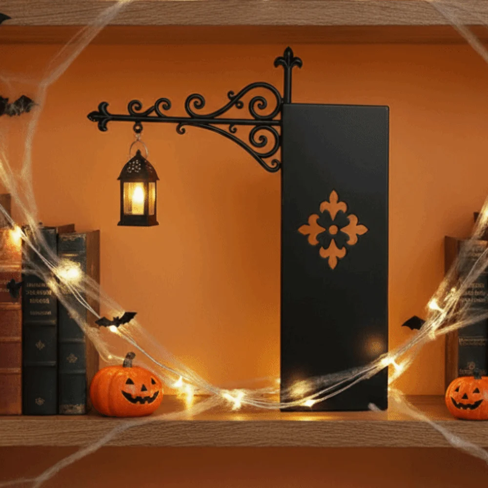 Wrought Iron Street Lamp Bookends Matte Black Hollow Out LED Glowing Lantern Retro Style Button Cell Battery Powered