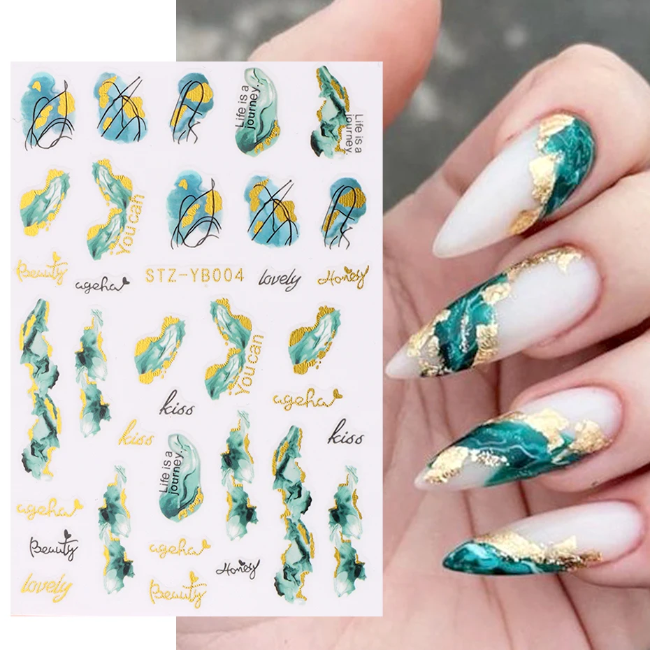 Marble Smoky Nails Stickers Peacock Green Gold Lines Sliders on Nail Charms Blooming Ink Painting Decal Adornment Manicure YB004