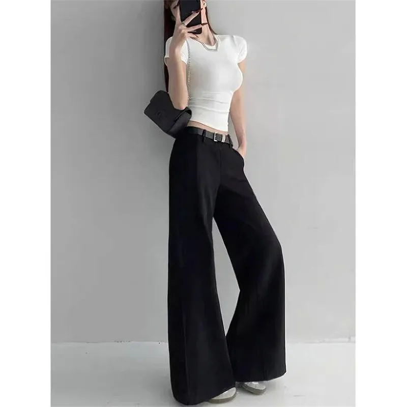 Womens Wide Leg Pants for Women Low Waist Loose Micro Flare Floor Pants 2024 Spring Summer Casual Thin Long Trousers with Belt