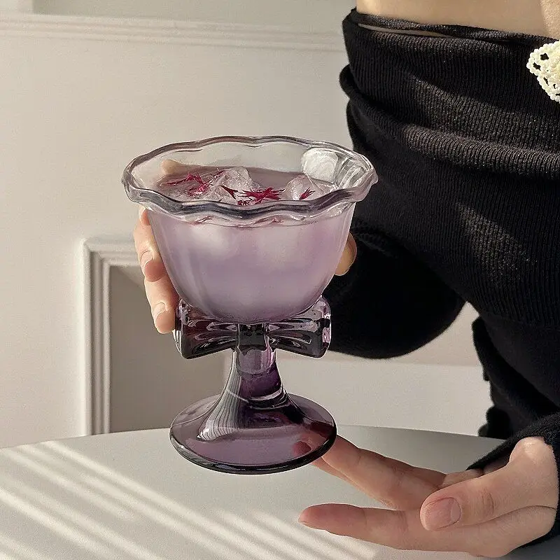 High Aesthetic Home Vintage Creative Purple Bow Glass Dessert Cup Ins Style Juice Coffee Champagne Cocktail Highfoot Cup