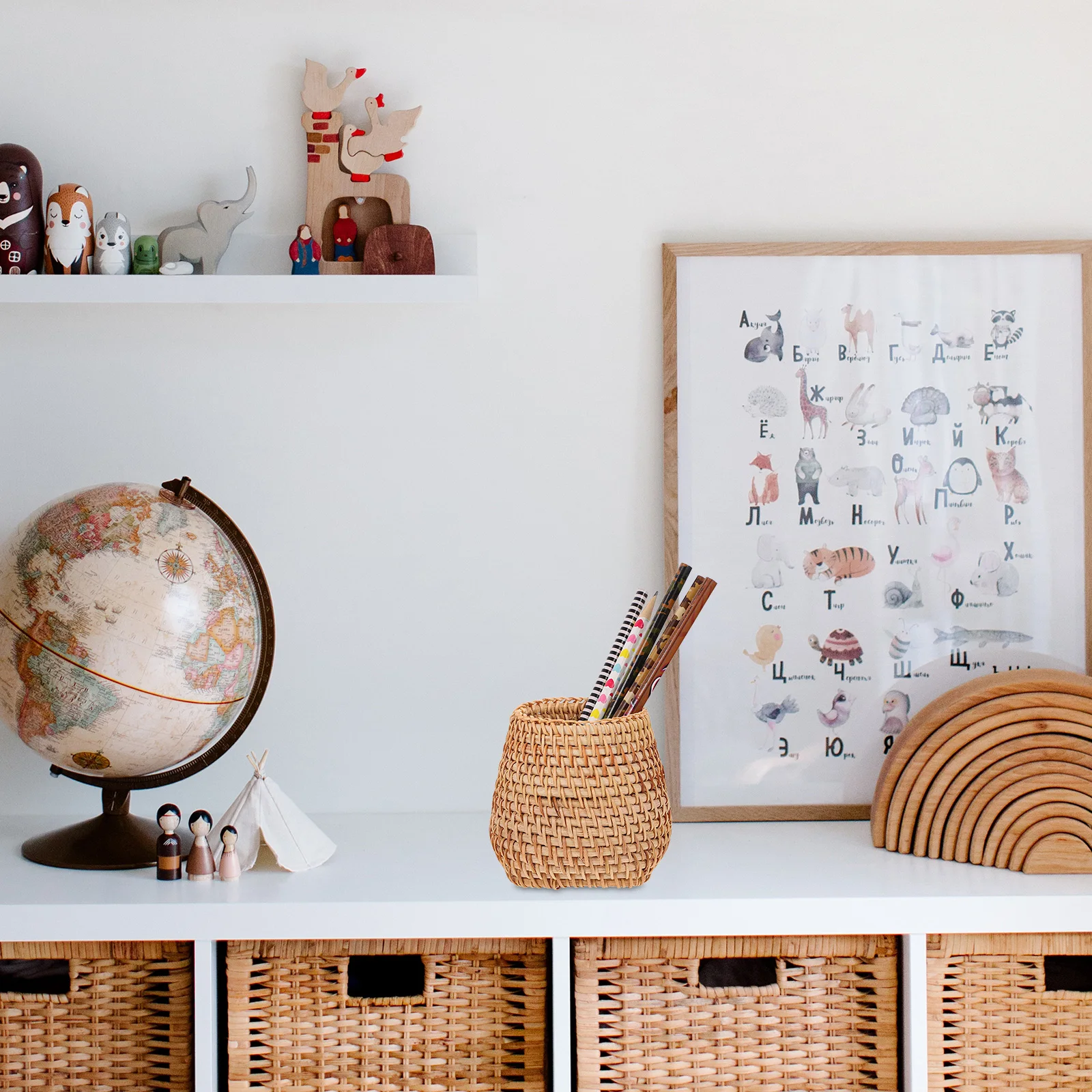 

1pc Rattan Pen Holder Desk Vase Storage Basket Woven Cup Khaki Compact Exquisite HomeDecoration Artistic Atmosphere Pen