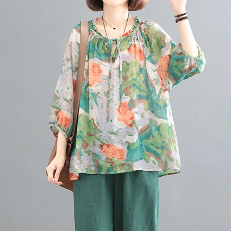 Casual Fashion Round Neck Lace Up Tops Female Summer New Women's Clothing Vintage Loose 3/4 Sleeve Printed Pullovers T-shirt