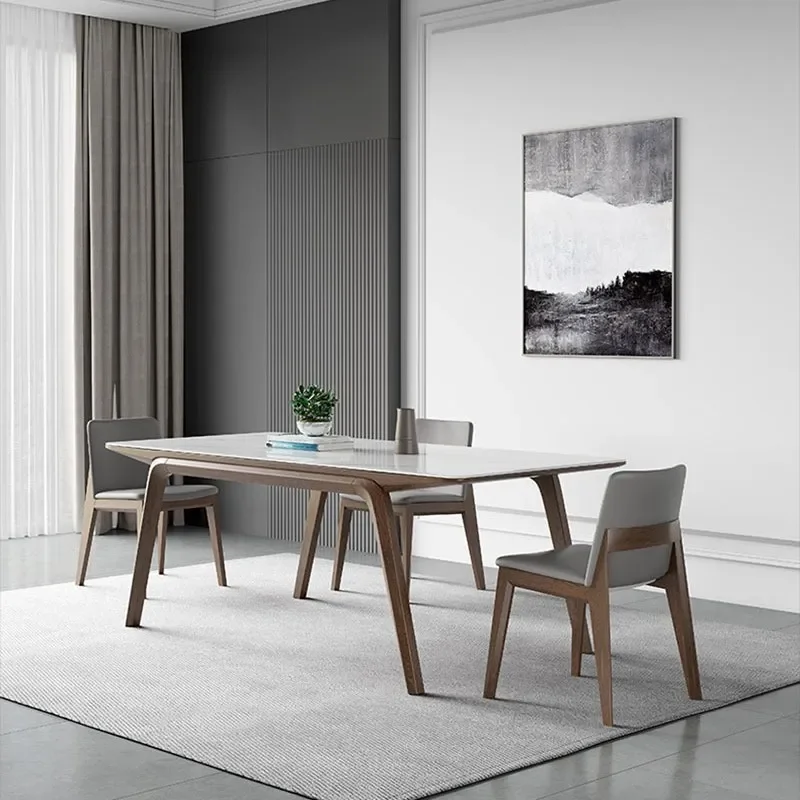 Light Luxury Slate Dining Table and Chairs Set Walnut Ash Wood Solid Wood Rectangle Multi Person Post Modern Nordic Home