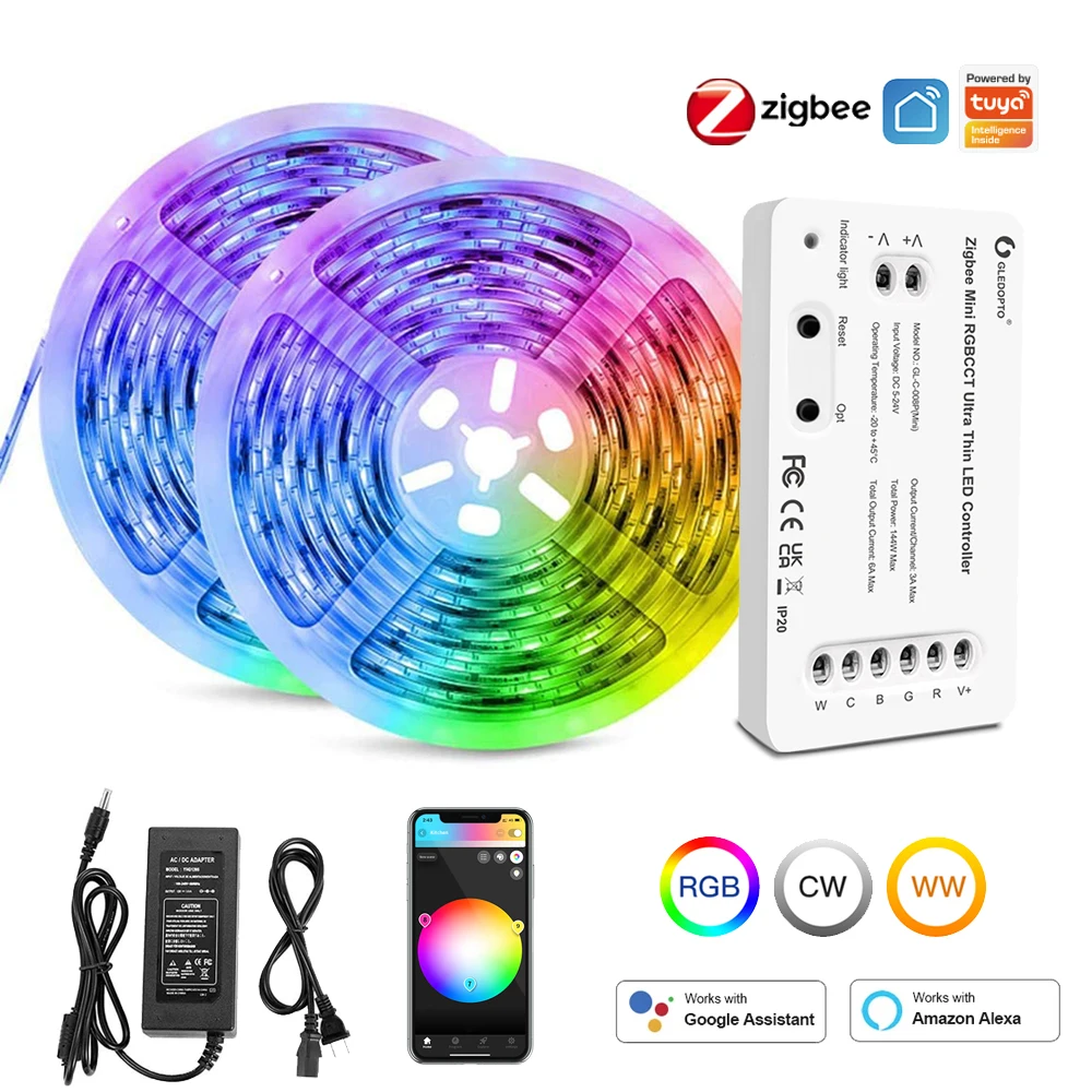 Mini Zigbee 3.0 RGBCW 5050SMD LED Strip 12V 5M 10M 20M RGB+CCT Flexible Dimmable Room Decoration Lights fr Alexa Zigbee HUB ECHO