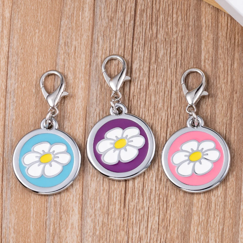 Cute Flower Dog Tag Round Personalized Cat Brand Pet Dog ID Card Custom Name Keychain Anti-lost Dog Accessories Pet Collar