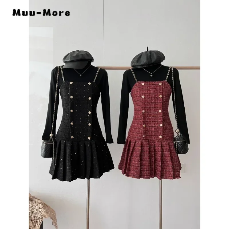 2023 Winter Vintage Elegant Style 2 Piece Set Women Slim Fit Blakc Sweater Top + Suspender Dresses Sexy Two Piece Dress Set