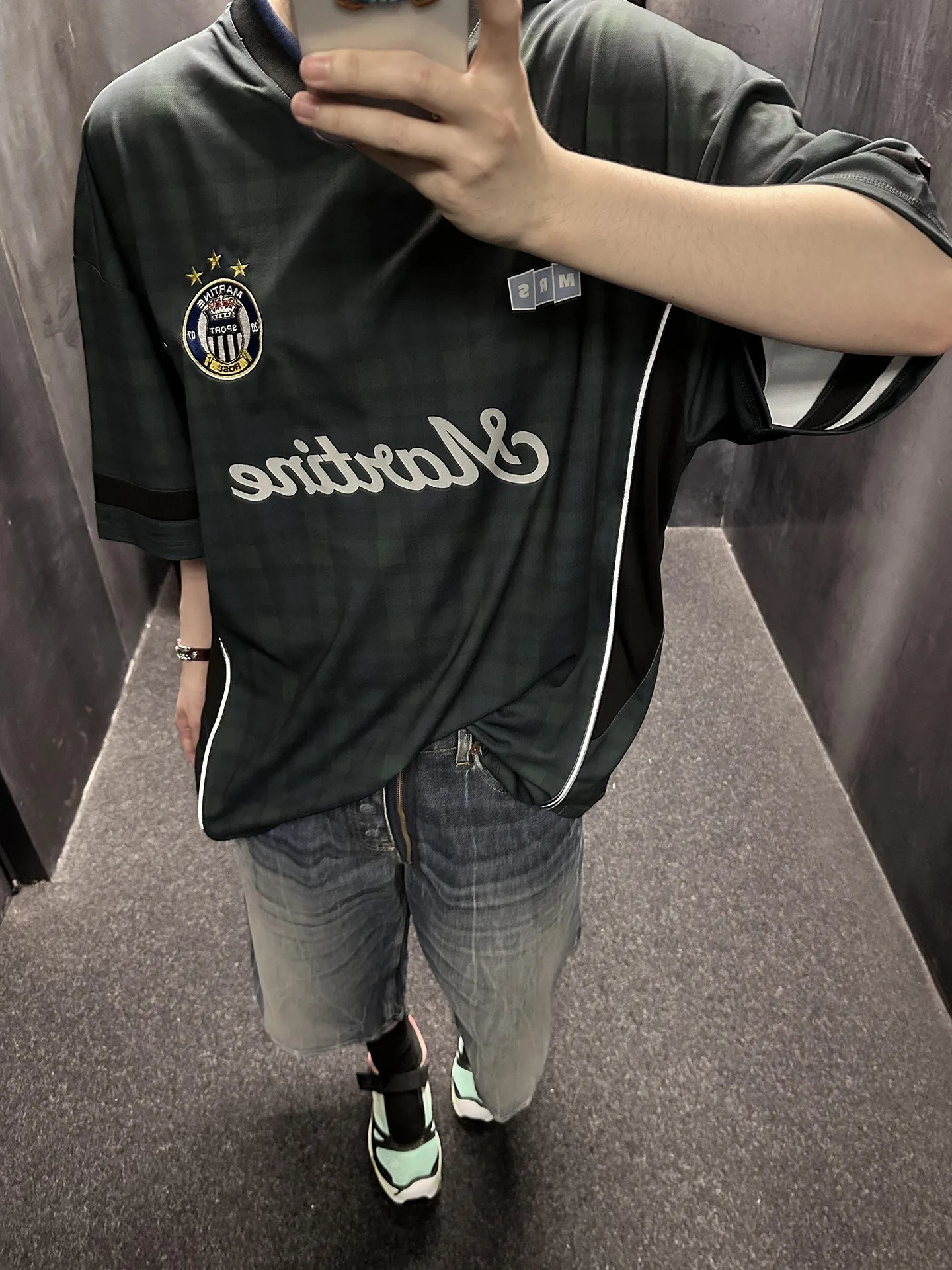 Marti 25ss Black Dark Green Checkered Short Sleeve Custom Retro V-Neck Embroidered Flower Ball T-Shirt