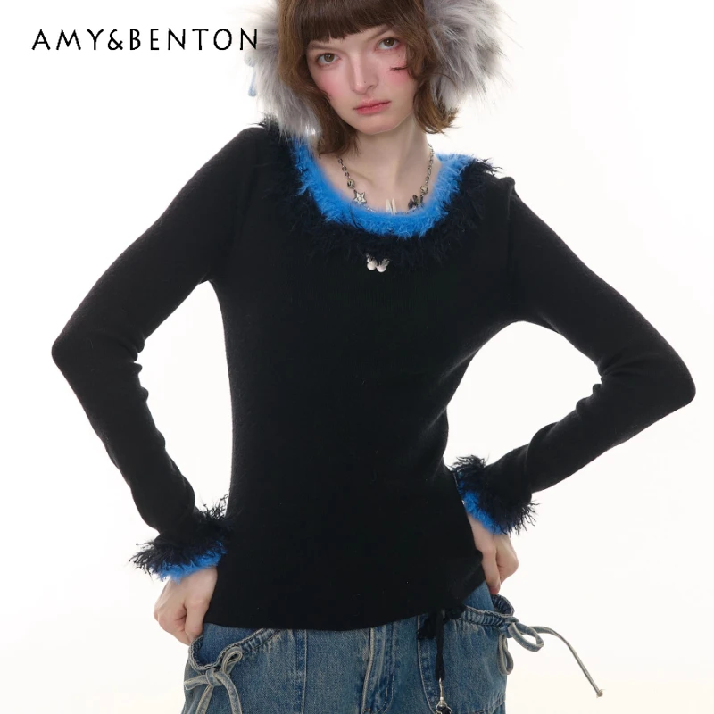 

American Retro Design Round Neck Fur Collar Slimming Women's Knitwear Autumn Winter New Versatile Warm Bottoming Shirts Girl